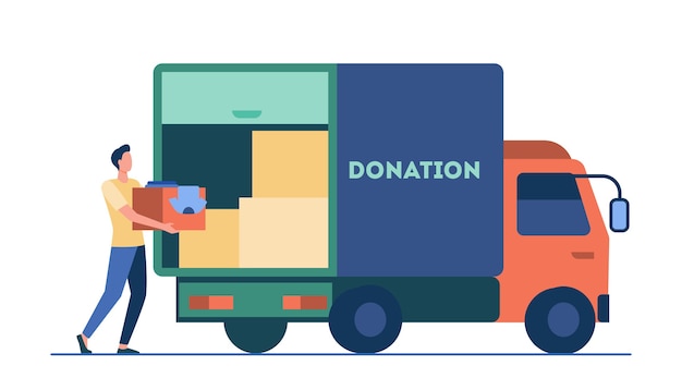 Man carrying box with clothes to donation truck. Courier, volunteer, vehicle flat vector illustration. Volunteering, charity, aid concept 