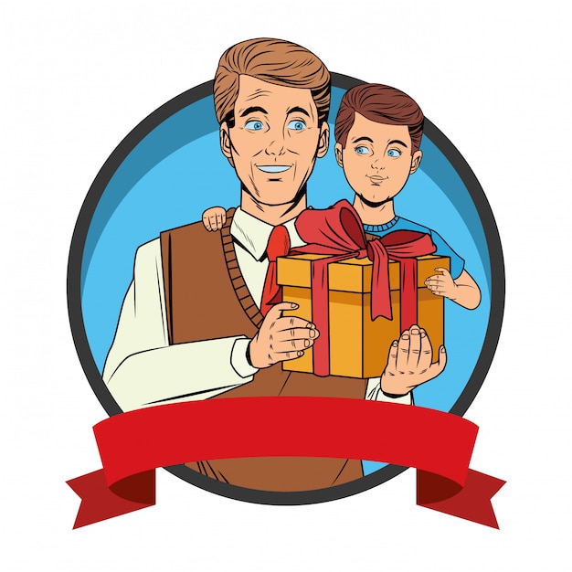 Free vector man carrying a boy with a gift box