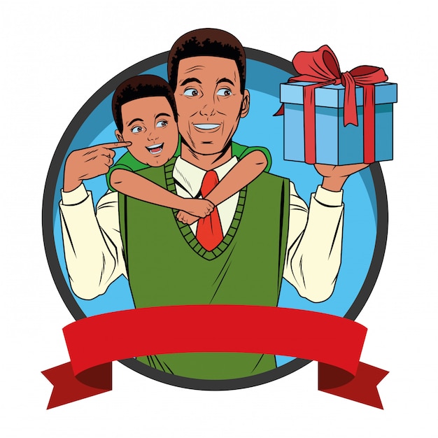 Free vector man carrying a boy with a gift box