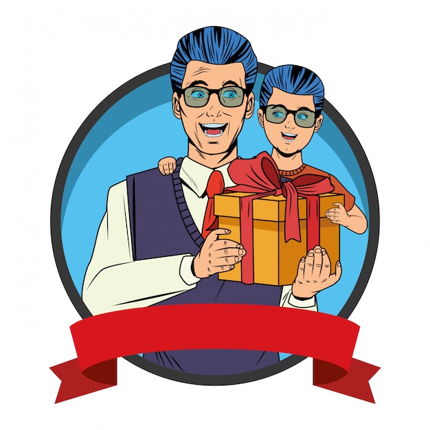 Free vector man carrying a boy with a gift box