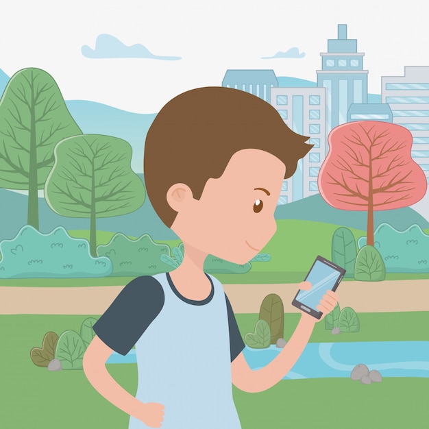 Man cartoon with smartphone in the park 