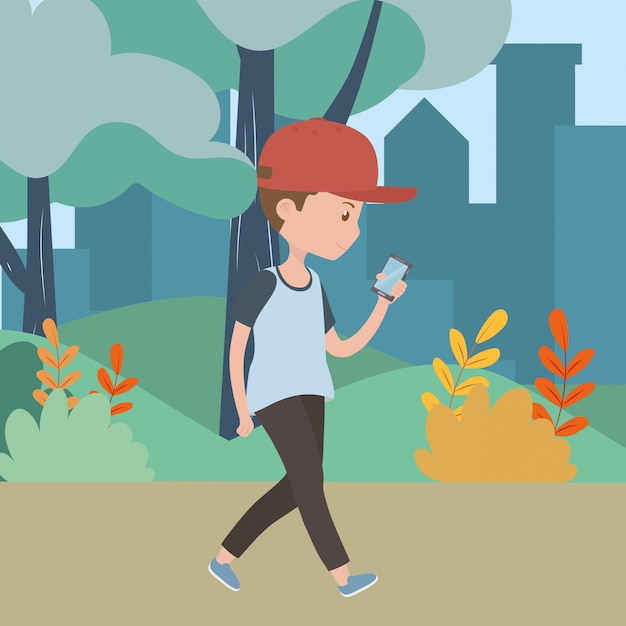 Free vector man cartoon with smartphone in the park