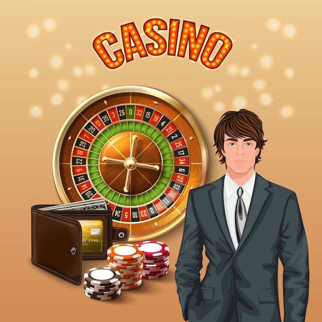 大きなオレンジ色に輝くカジノの見出しと幸運なゲーマーとカジノの現実的な構成の男