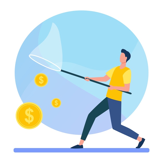 Free vector man catching money with butterfly net. cash, coins, dollar flat vector illustration. finance, earning, income