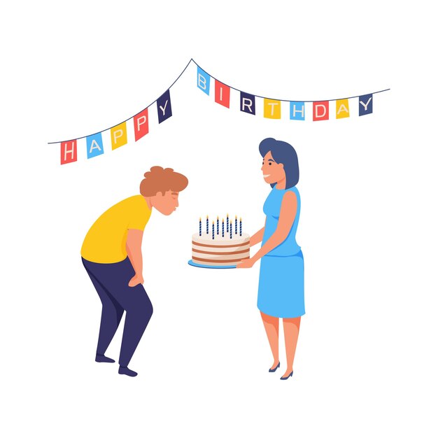 Man celebrating his birthday blowing out candles flat isolated  illustration