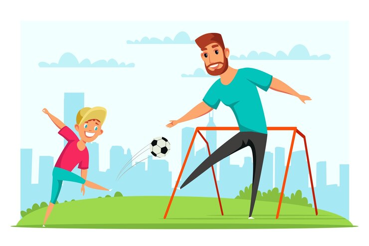 Free Vector man and child playing football cheerful son and father outdoors happy parent and kid compete in soccer