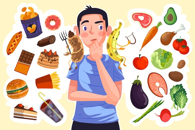 Free vector man choosing between healthy or unhealthy food