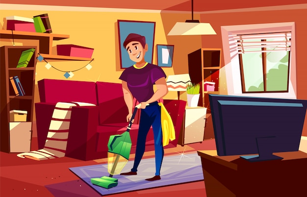 Человек, чистка гостиной иллюстрации househusband или мальчик колледжа с пылесосом