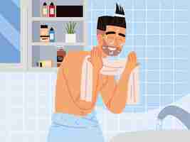 Free vector man cleansing face in bathroom cartoon