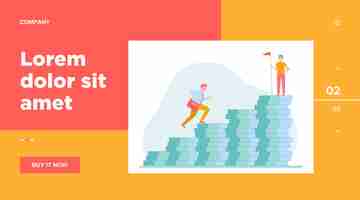 Free vector man climbing on money bar chart. his colleague standing on top with flag web template