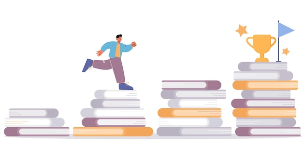 Free vector man climbing up the book stairs with trophy cup and flag on top education knowledge and learning via reading character studying self development and goal achievement linear flat vector illustration