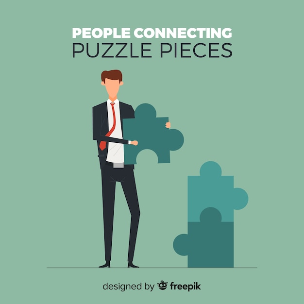 Man connecting puzzle pieces background