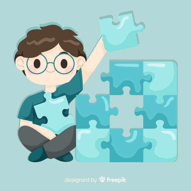 Man connecting puzzle pieces background