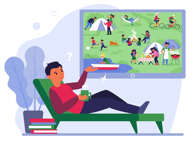 Free vector man on couch watching camping on tv