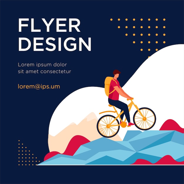 Man cycling on mountain bicycle. tourist, nature, backpack flat flyer template