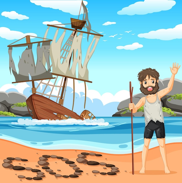 Free vector a man on deserted island isolated