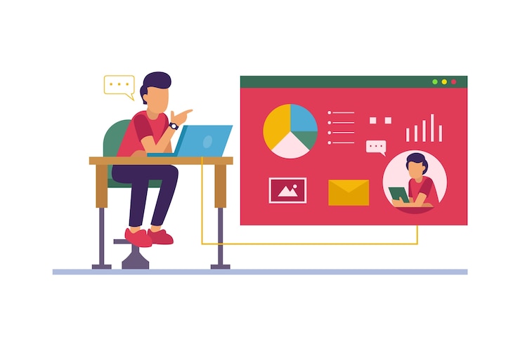 Free Vector man at desk with laptop