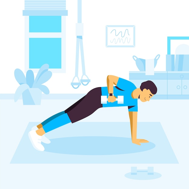 Free vector man doing plank exercises with dumbbells