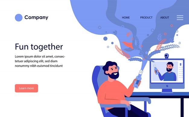 Man drinking beer online with his friend. website template or landing page