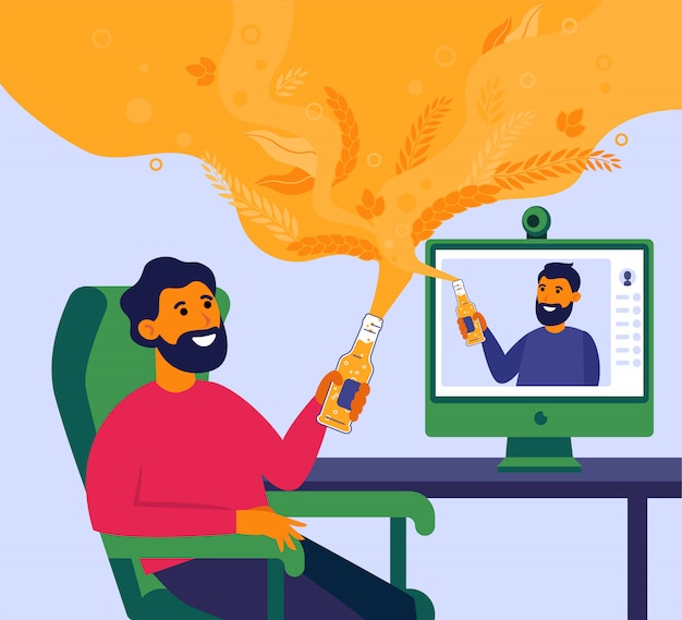 Free vector man drinking beer online with his friend