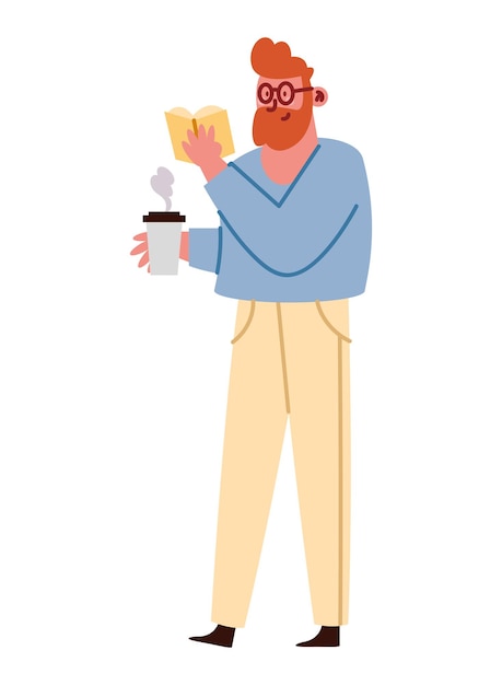 Бесплатное векторное изображение Человек пьет кофе в эко чашке и читает