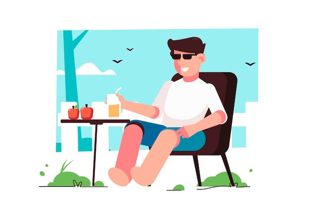 Free vector man drinking in the garden staycation concept