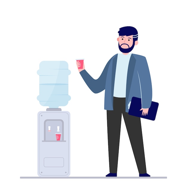 Free vector man drinking water at cooler