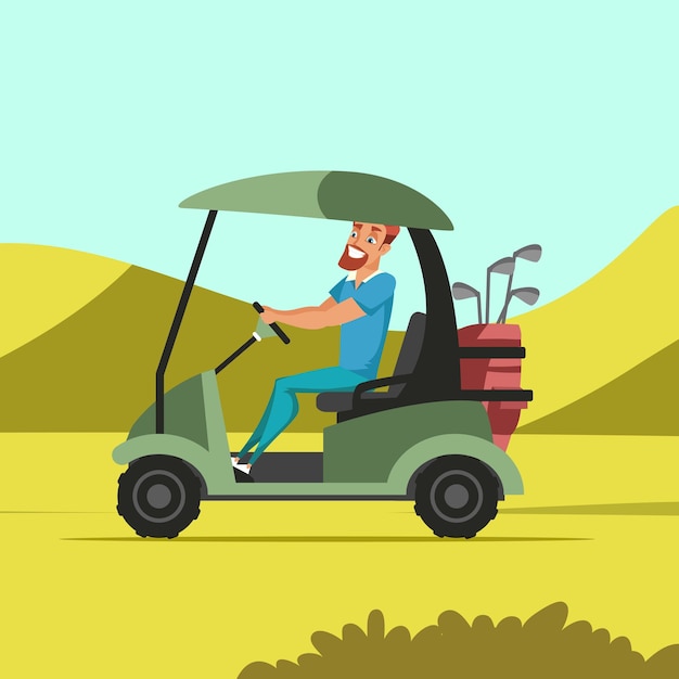 Мужчина за рулем электромобиля на поле для гольфа Работник клуба с клюшками и клиньями для гольфа