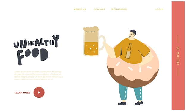 Man eating fast food enjoying outdoor festival landing page template. fat male character with huge donut on belly holding beer mug. unhealthy eating, obesity concept. linear vector illustration