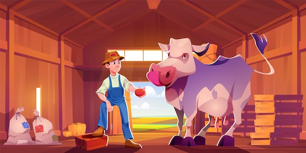 Free vector man farmer with cow in barn vector illustration