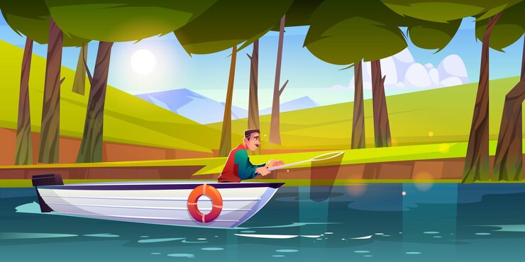 Free Vector man fishing in forest lake with scoop net. vector cartoon illustration of fisherman in white boat floating on water. summer landscape of woods with trees, green grass, pond and mountains on horizon