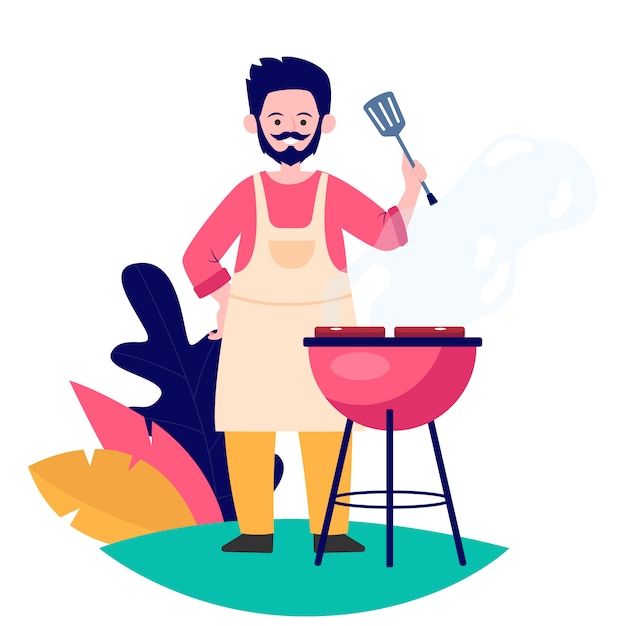 Man fried meat on nature flat vector illustration