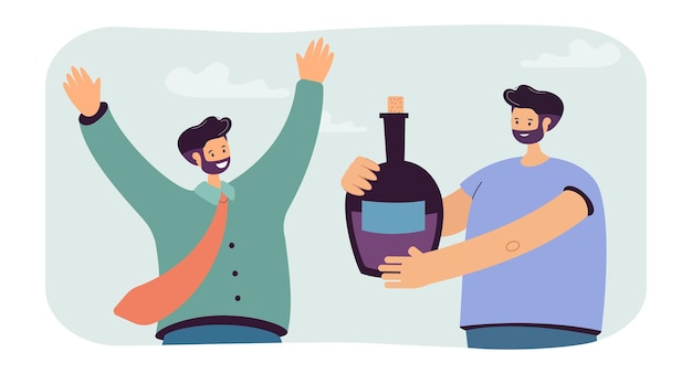 Free vector man giving bottle of wine to his friend flat vector illustration. male person raising hands and happy with gift. present, surprise, alcohol concept for banner, website design or landing web page