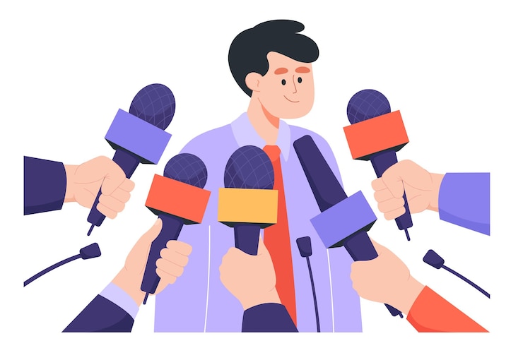 무료 Vector 공개 언론 평면 벡터 일러스트 레이 션에 인터뷰를 제공 하는 남자. 대중 매체에 의견과 의견을 제시하는 남자. 마이크나 마이크를 들고 있는 기자. 텔레비전, 회의 개념