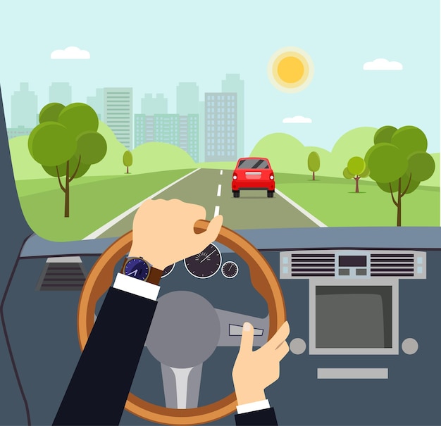 Man hands of a driver on steering wheel of a car vector flat style cartoon  illustration