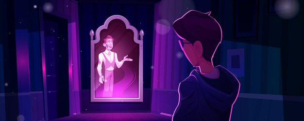 유령이 있는 유령의 집에 있는 남자가 거울에 나타납니다.