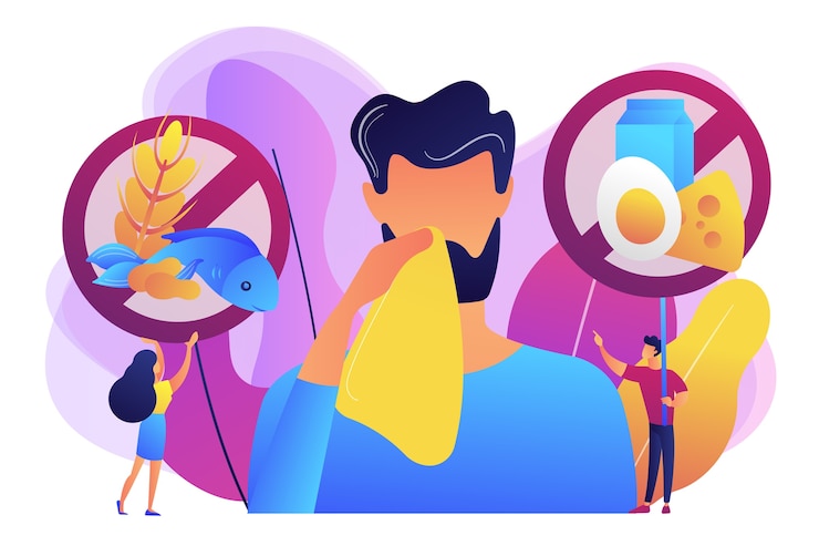 Free Vector man having food allergy symptoms to products like fish, milk and eggs. food allergy, food alergen ingredient, allergy risk factor concept. bright vibrant violet  isolated illustration