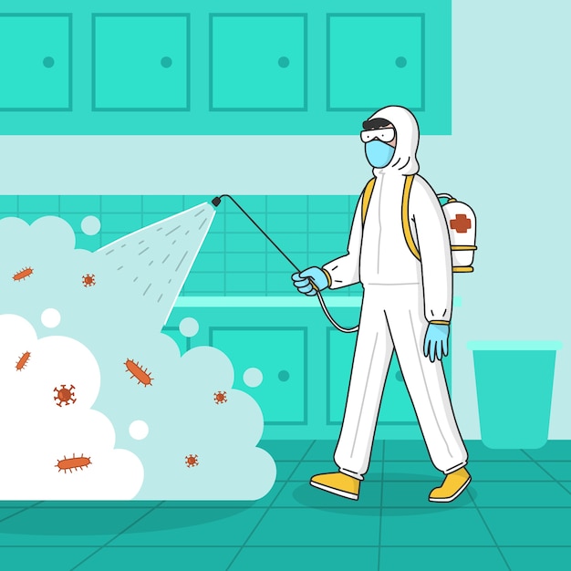Free vector man in hazmat suit cleaning the kitchen from bacteria