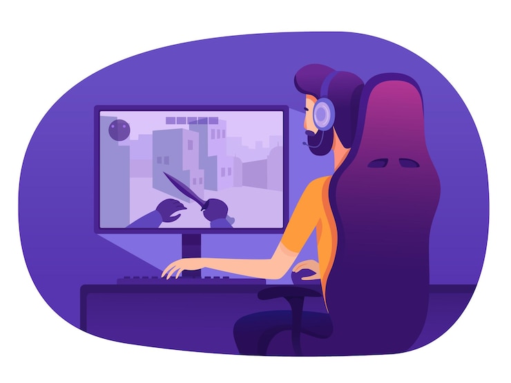 Free Vector man in headset playing video action strategy rpg game sitting at computer online tournament and championship live streaming match