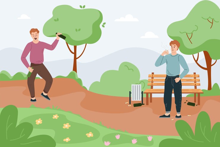 Free Vector man healthy lifestyle flat background composition with park scenery and characters of smoking and drinking men vector illustration