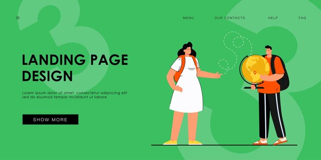 Man holding globe and woman showing point destination landing page template