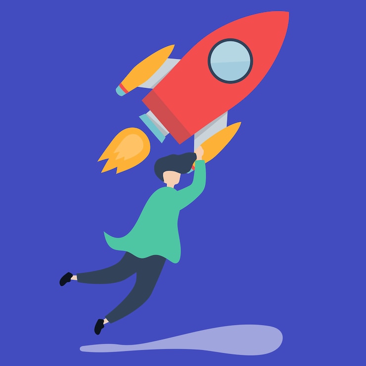 Free Vector a man holding onto a launched rocket