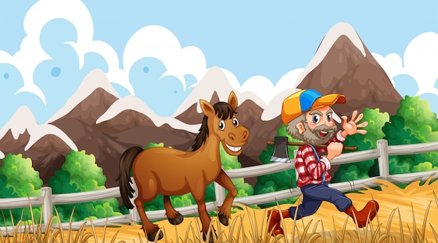 Free vector man and horse on farm