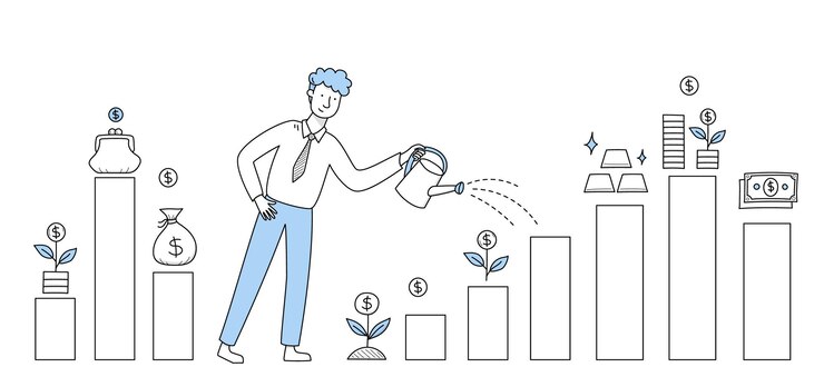 Free Vector man increase income finance capital investment and wealth vector doodle illustration with businessman with watering can growth graph with money cash coins trees