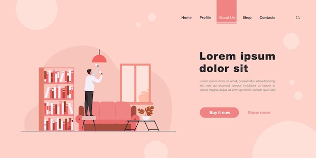 Man inserting light bulbs into chandelier. Repair, lighting landing page in flat style