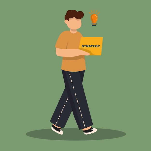 Free vector a man is holding a yellow box with the word strategy written on it