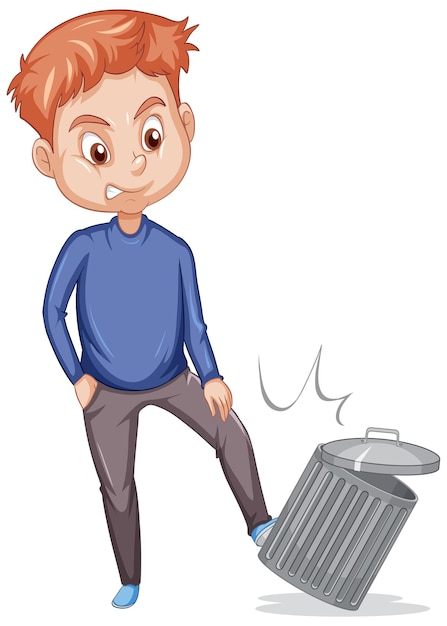 Free vector a man kicks trash can on white background