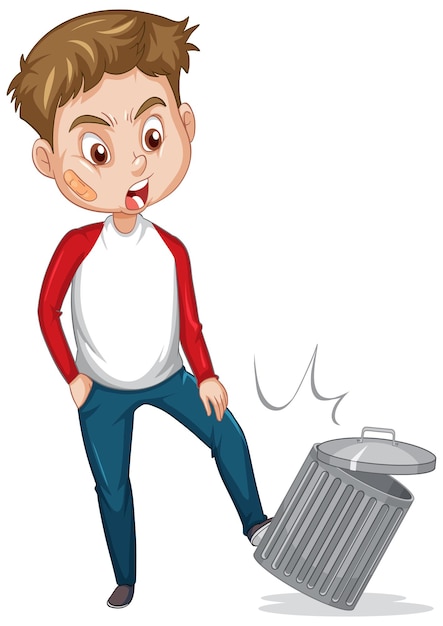 Free vector a man kicks trash can on white background