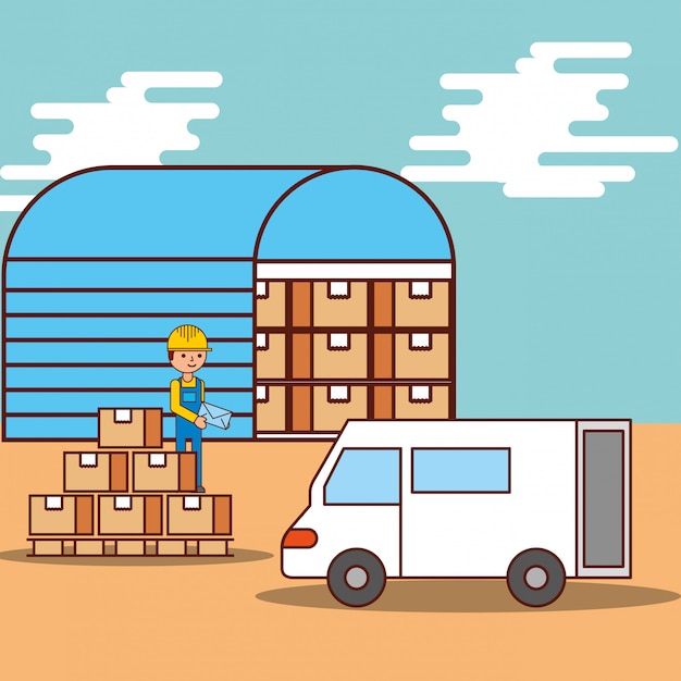 Free vector man logistic warehouse boxes and van truck transport
