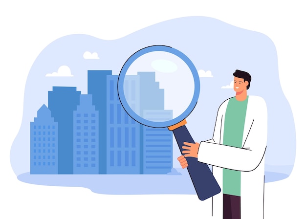 Free vector man looking at building through magnifier